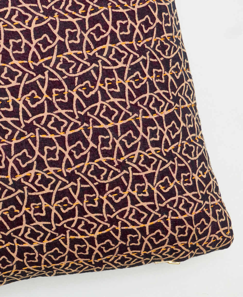 yellow kantha embroidery on deep purple small throw pillow with tsn geometric print