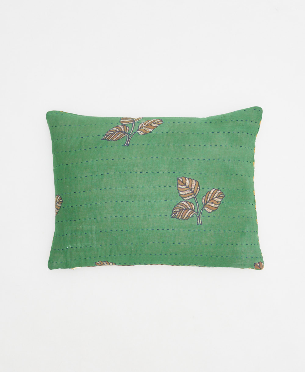 small lumbar pillow in green with brown botanical print with removeable down feather insert