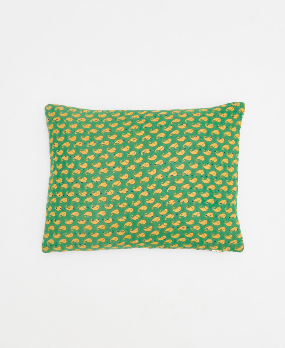 green small pillow with a tan paisley print handmade in India from vintage fabrics