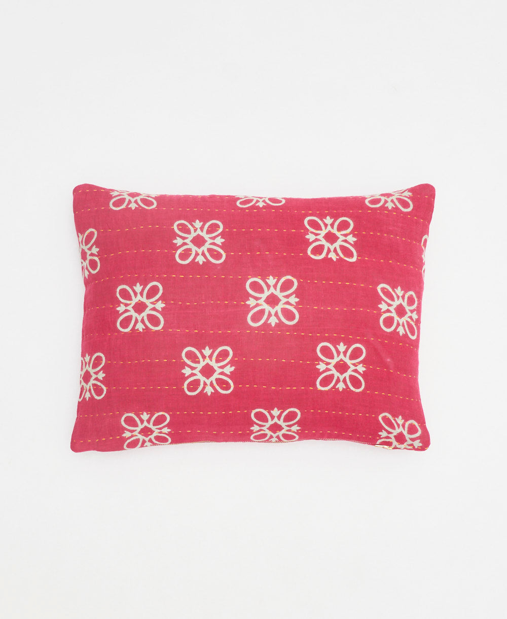 hot pink small pillow with white floral print handmade in India from vintage cotton fabrics