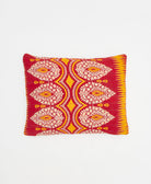 small lumbar pillow in red with tan & orange paisley print with removeable down feather insert