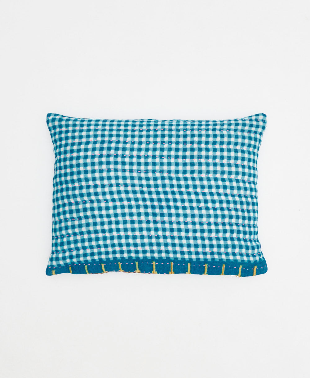 sky blue and white gingham small pillow made from vintage cotton saris in India