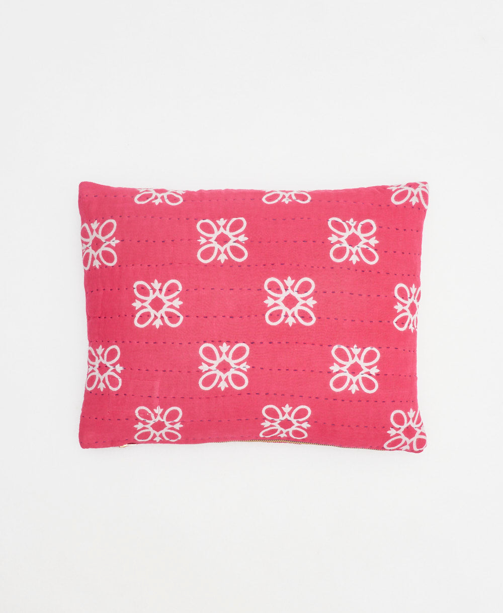 small lumbar pillow in hot pink with white and tan floral print with removeable down feather insert