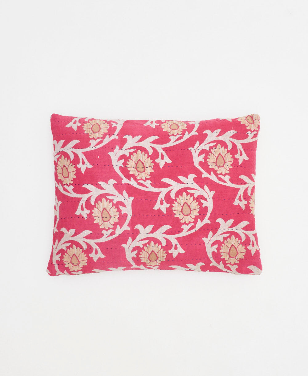 hot pink small pillow with tan & white floral print handmade in India from vintage cotton fabrics