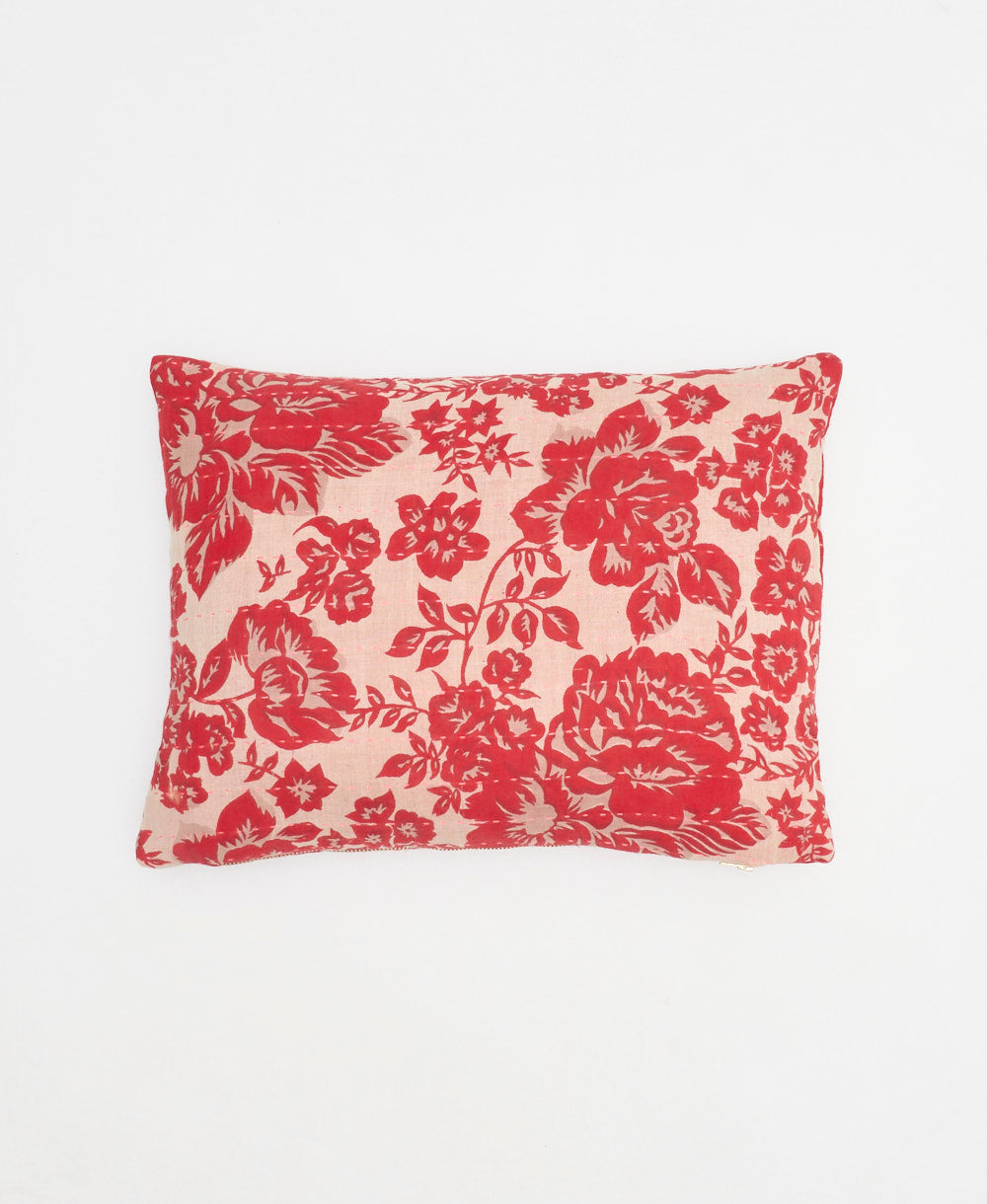 cherry red small pillow with rose floral print handmade in India from vintage cotton fabrics