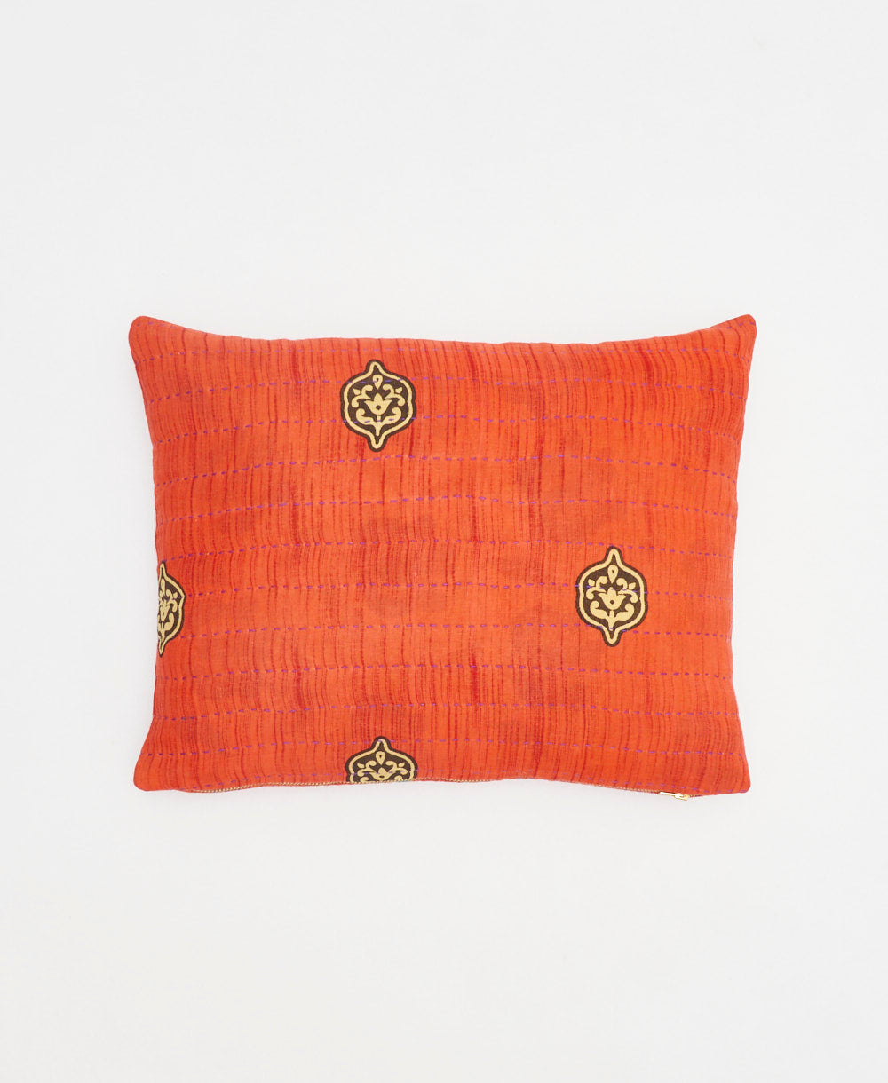 coral orange small pillow with black & tan medallion print handmade in India from vintage cotton fabrics