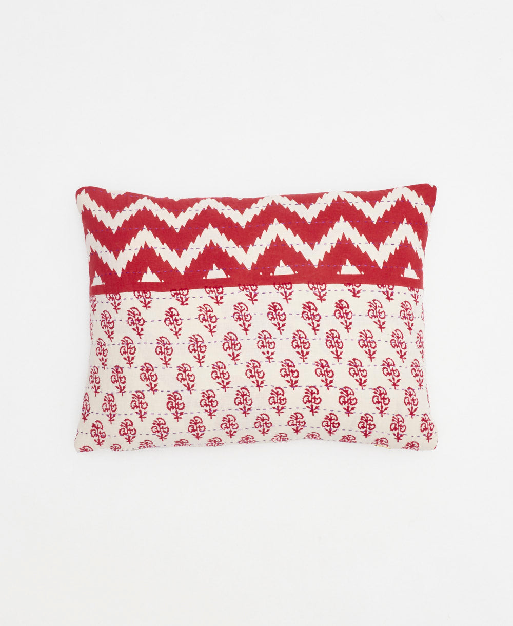 white small pillow with a red chevron print handmade in India from vintage fabrics