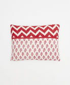 small lumbar pillow in ivory with a red chevron print with removeable down feather insert