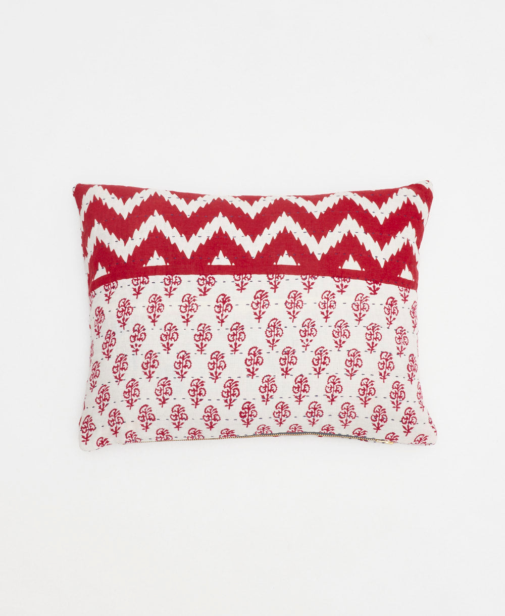 ivory small pillow with a red chevron print handmade in India from vintage fabrics