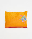 small lumbar pillow in tangerine orange with purple floral print with removeable down feather insert