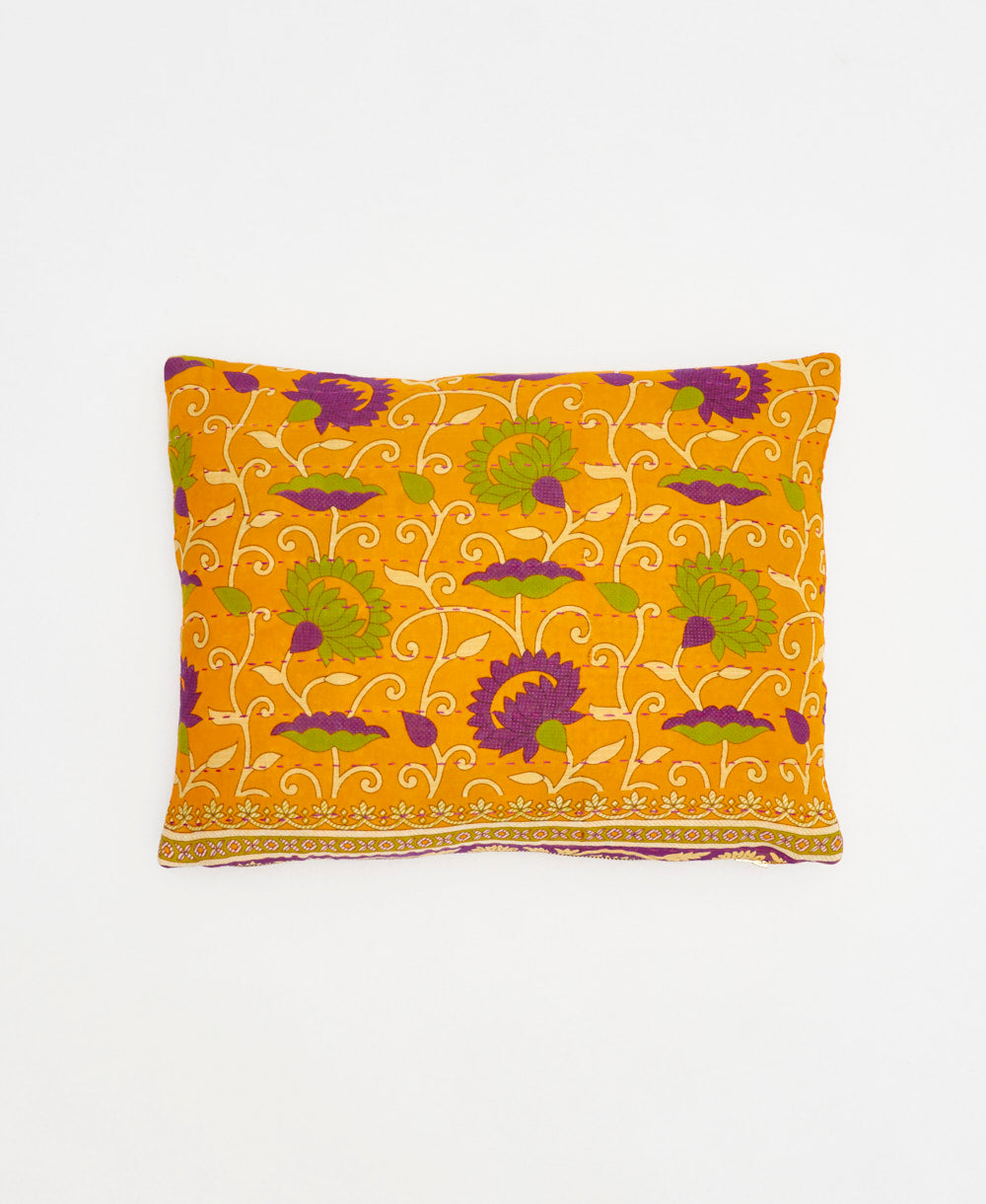 bold orange small pillow with purple floral print handmade in India from vintage cotton fabrics