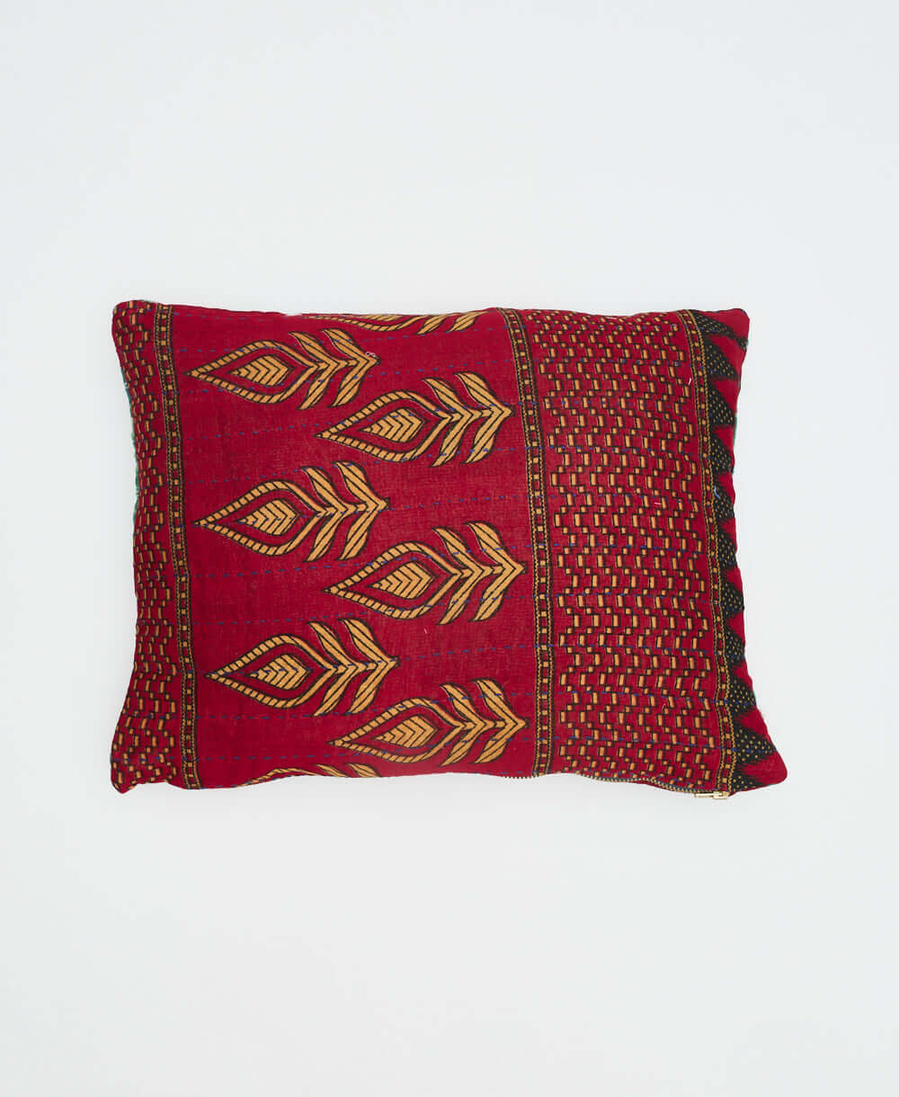 crimson red small lumbar pillow made from upcycled cotton saris by women artisans in India