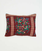 red-brown small lumbar pillow with purple & teal floral design made in India