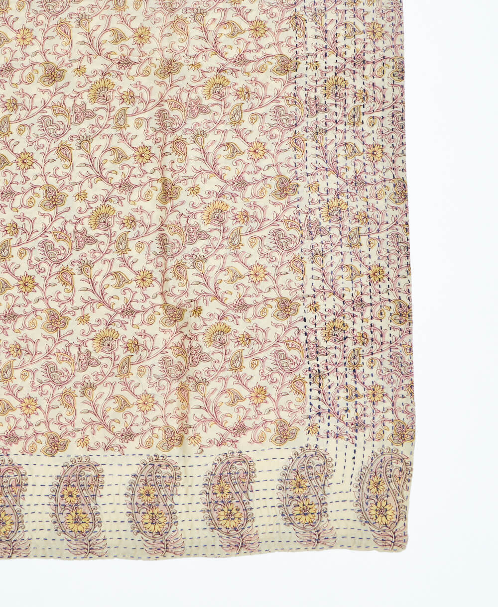 cotton square scarf with kantha embroidery along edges in subtle pink and yellow floral print