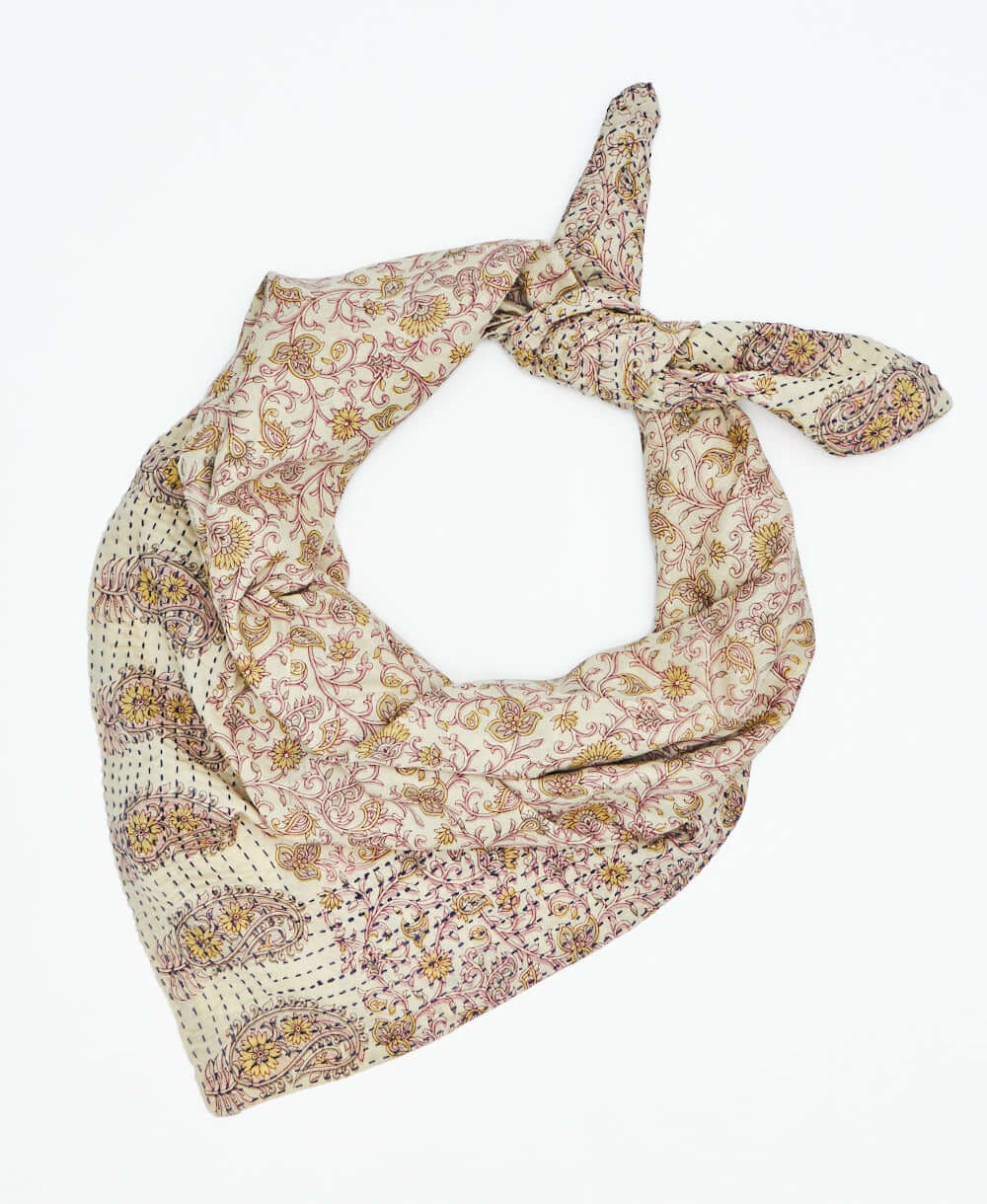 fair trade floral square scarf handmade by women artisans using 2 layers of upcycled vintage cotton saris