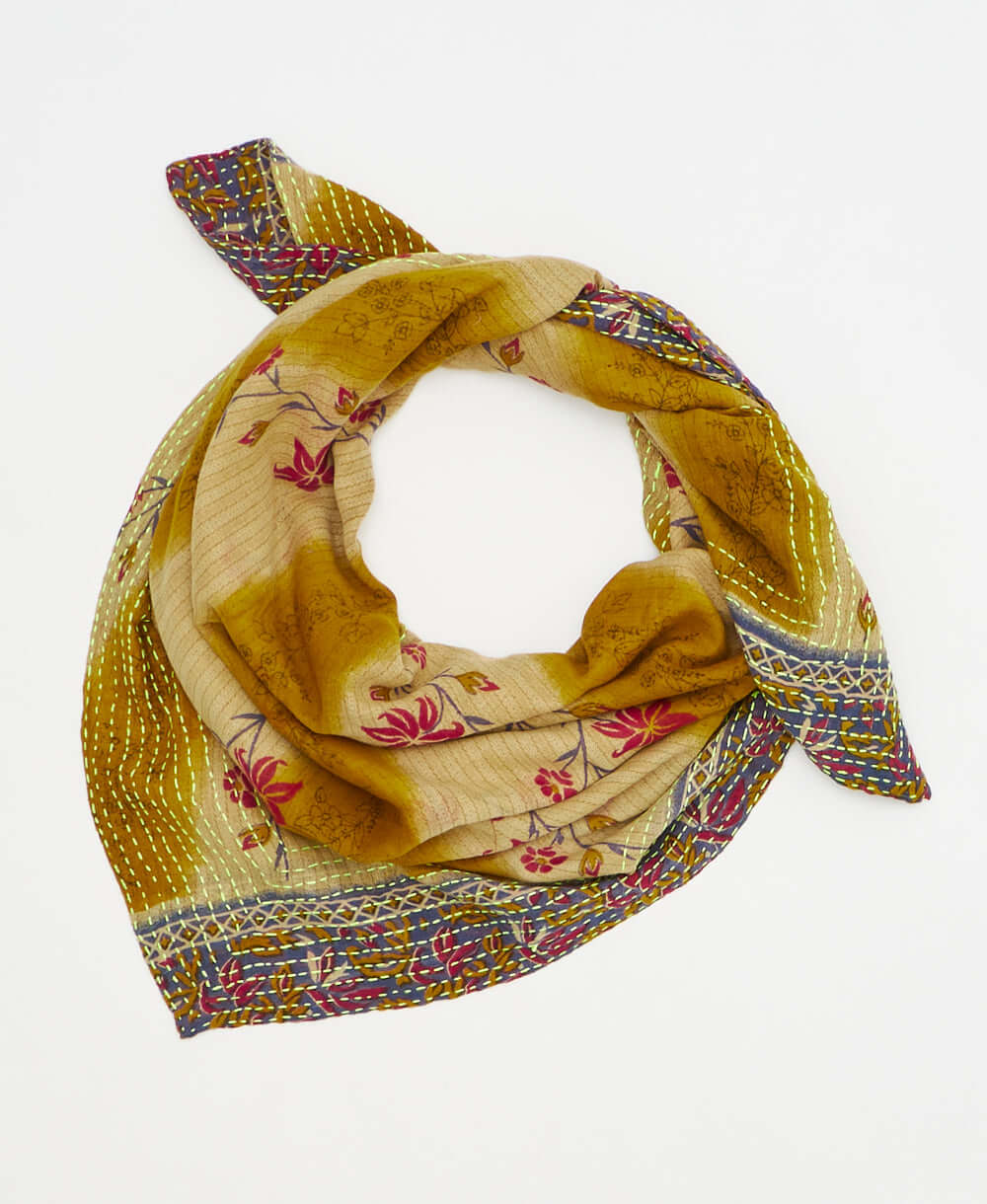 Red and yellow floral vintage cotton square scarf handmade by artisans