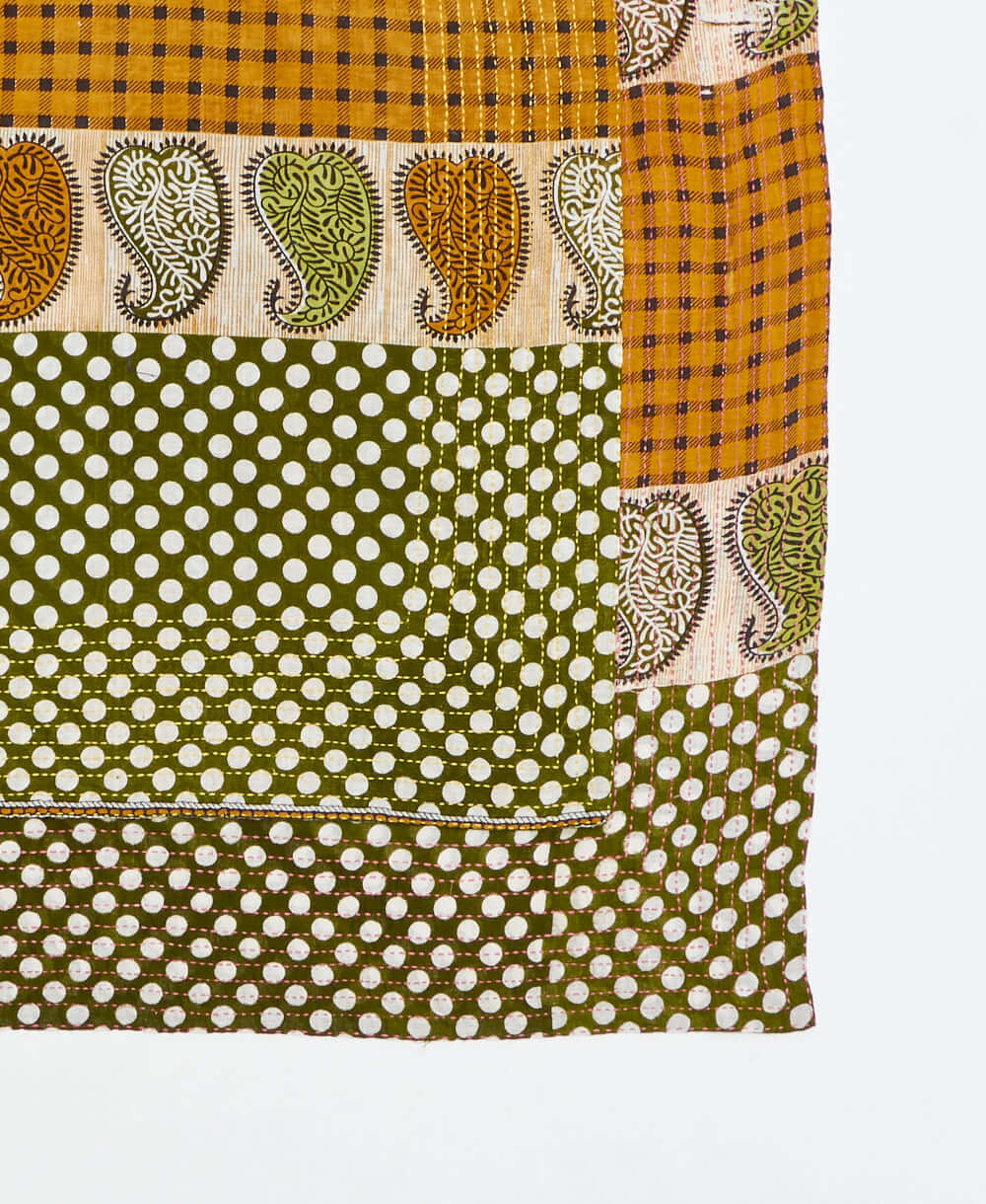 embroidered cotton square scarf in an orange and green paisley pattern made from upcycled fabrics