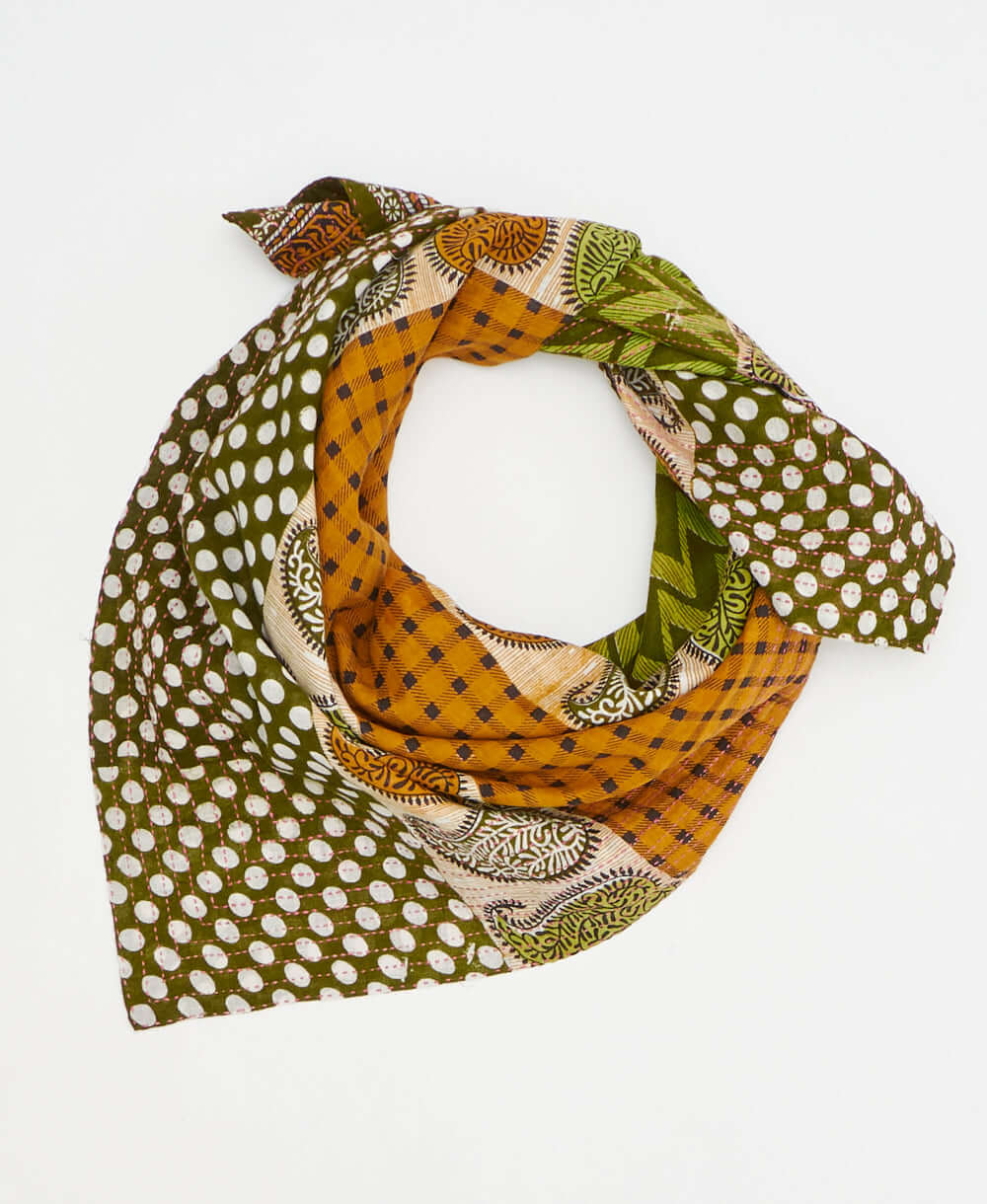 Orange and green paisley floral vintage cotton square scarf handmade by artisans