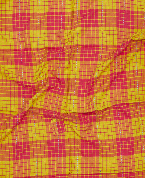 Handmade pink and yellow plaid print vintage kantha scarf