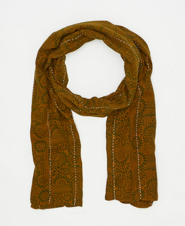 one-of-a-kind green and brown abstract print vintage kantha scarf perfect
for all seasons