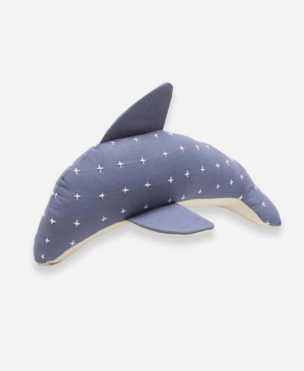 handmade stuffed dolphin with hand-embroidered kantha stitching in slate blue and bone ivory