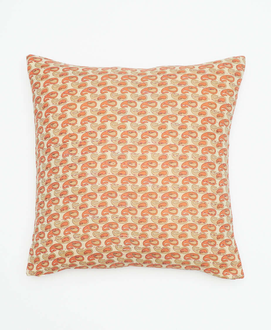 ethically made vintage throw pillow with peach & tan paisley design on the front & back