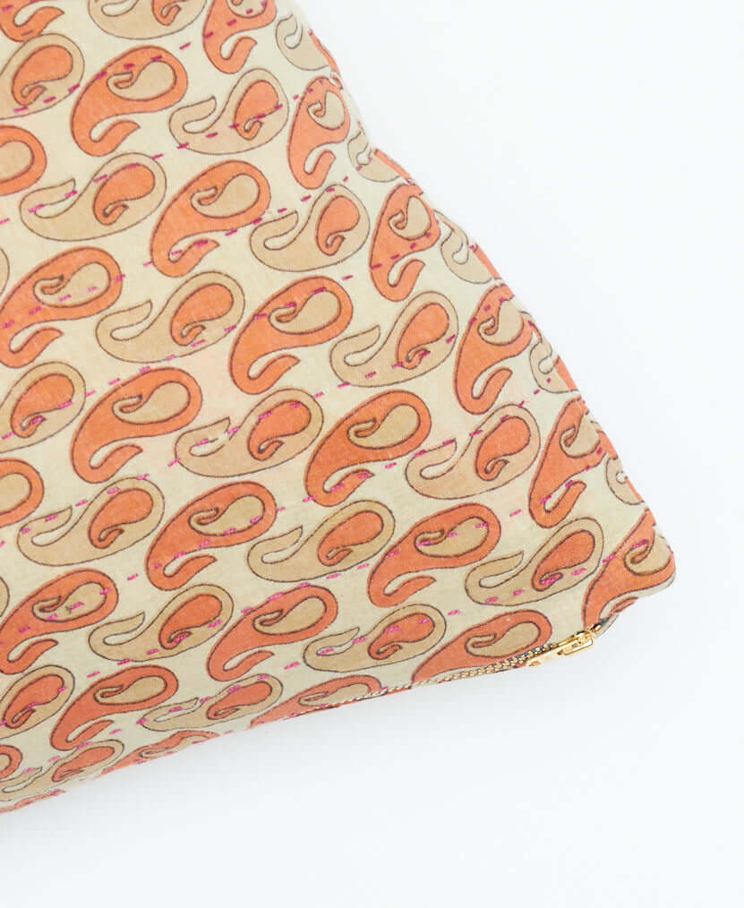 peach paisley square pillow with gold-tone YKK lead-free zipper with removable insert