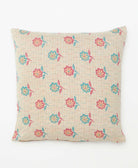 light grey square pillow with bright blue & hot pink flowers made in India