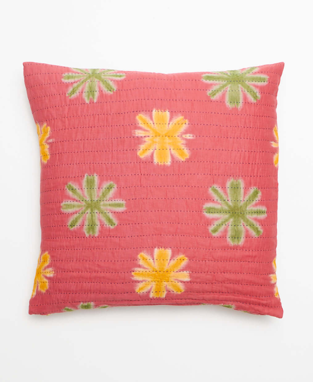 vintage throw pillow made from upcycled cotton saris in pink with large yellow & green flowers