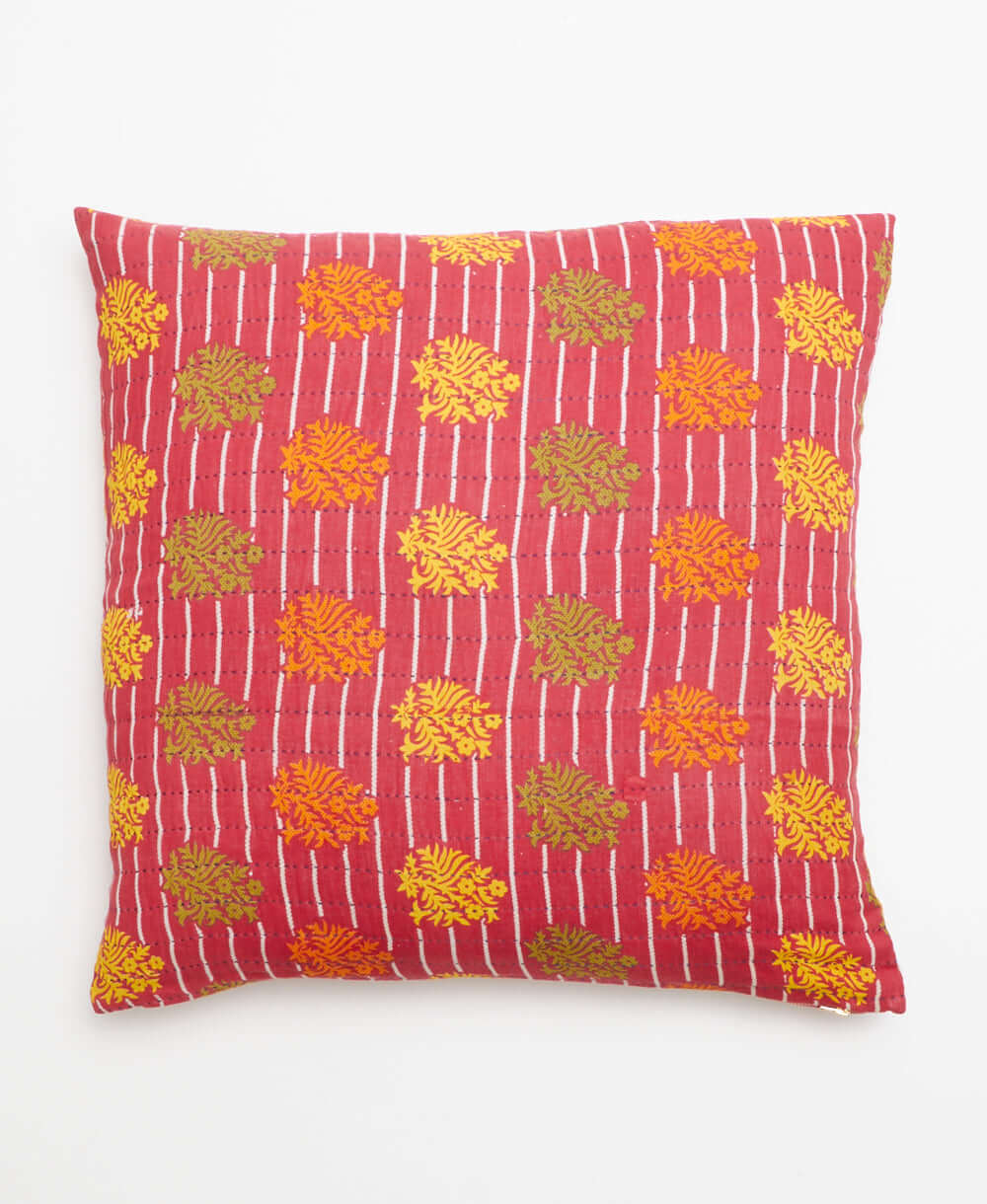 artisan-made eco-friendly boho throw pillow in red & yellow floral pattern