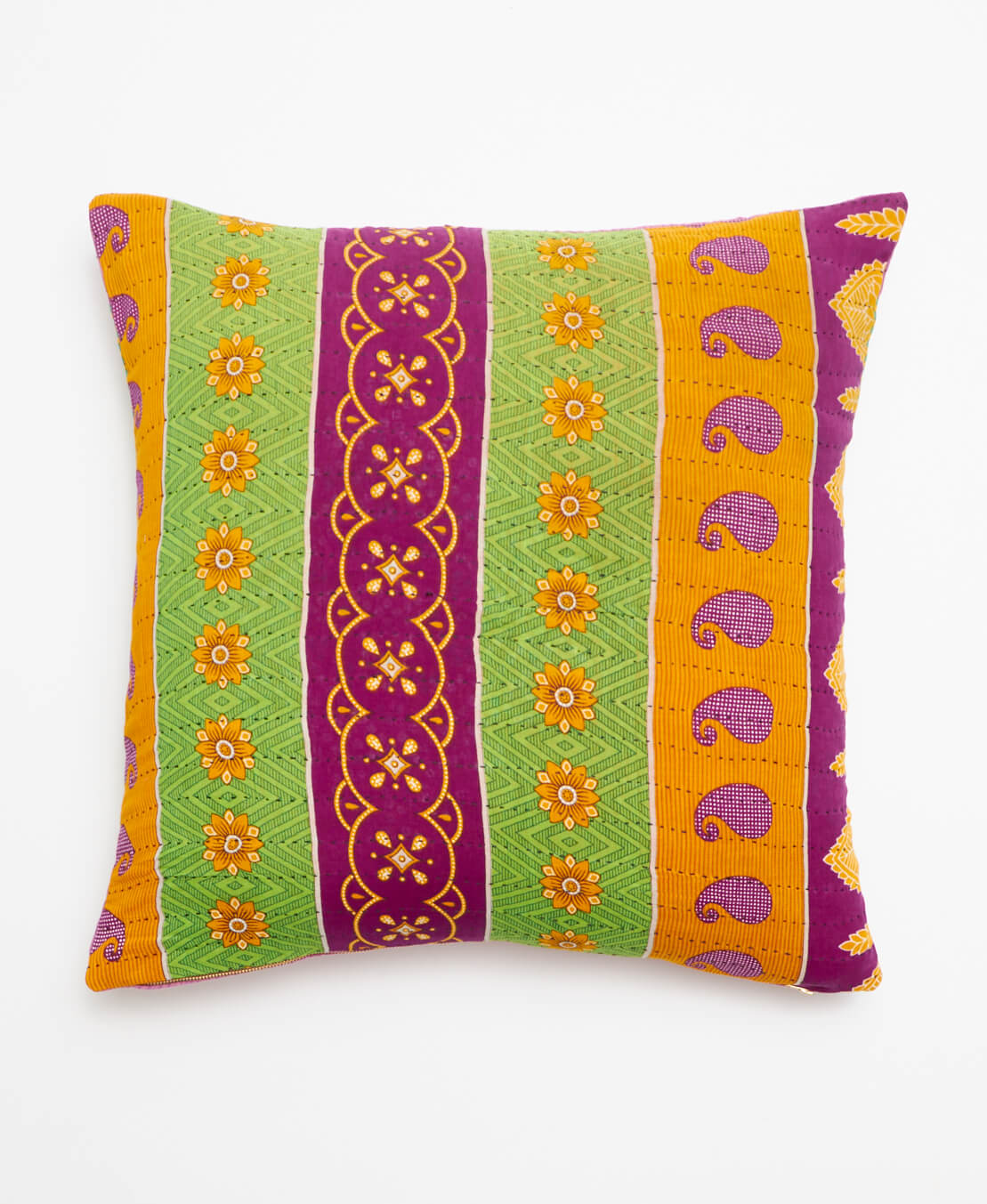 magenta purple, orange & lime green striped throw pillow made from vintage cotton saris in India