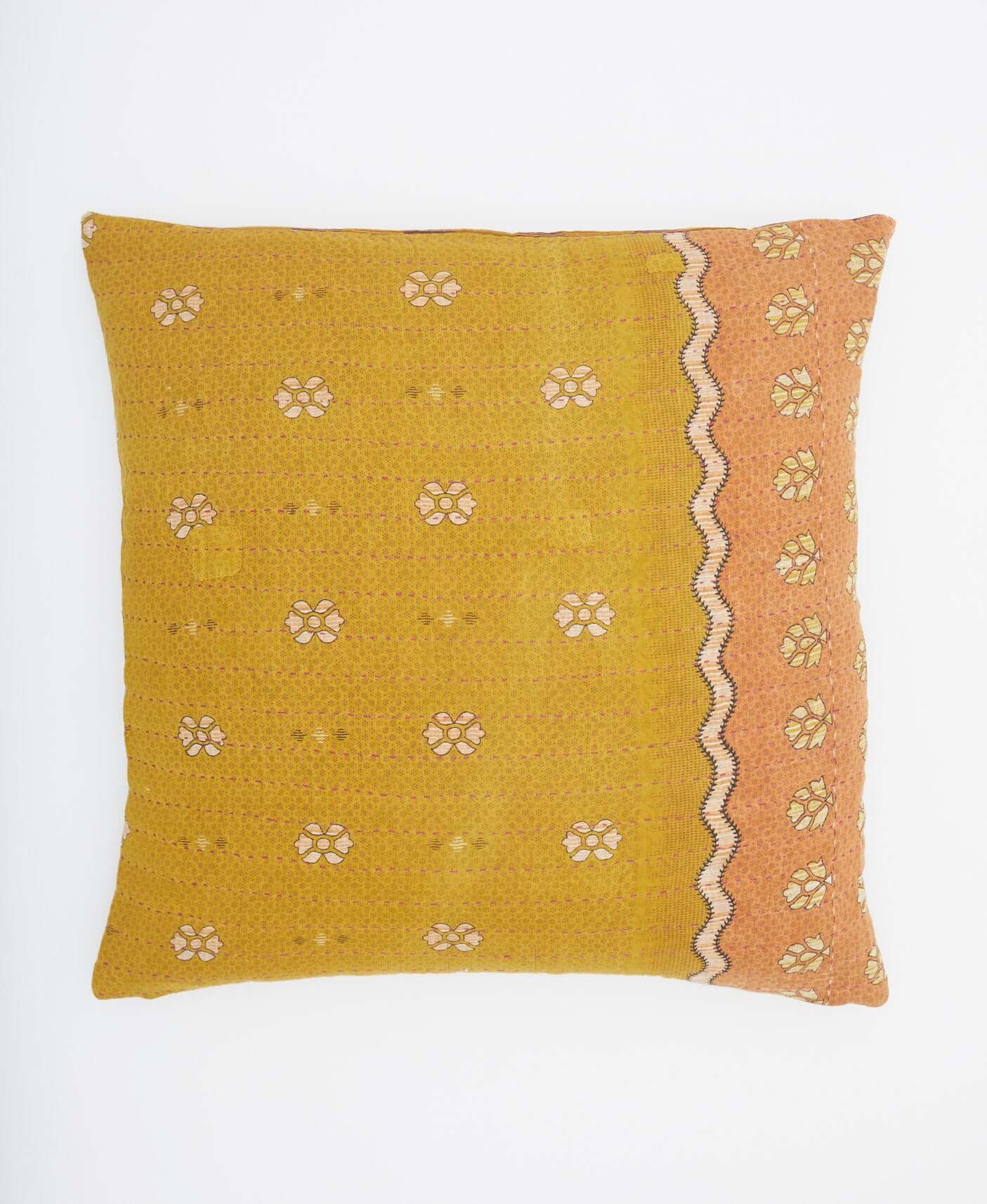 sunny yellow throw pillow with peach accents handmade in India from upcycled eco-friendly cotton saris