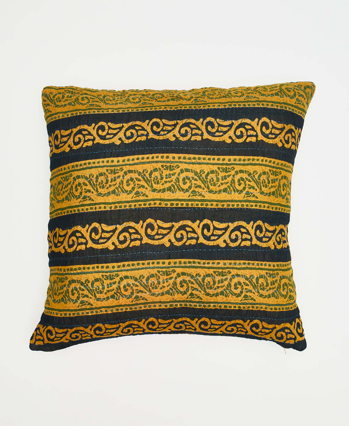 mustard yellow & black floral stripe patterned square pillow handmade in India