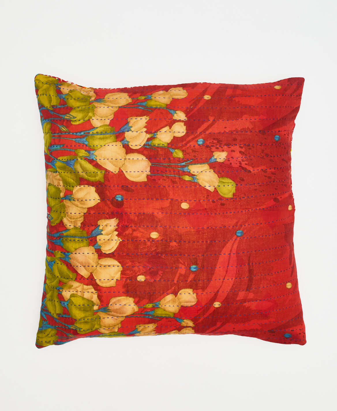 crimson red throw pillow with tan & olive green tulip pattern