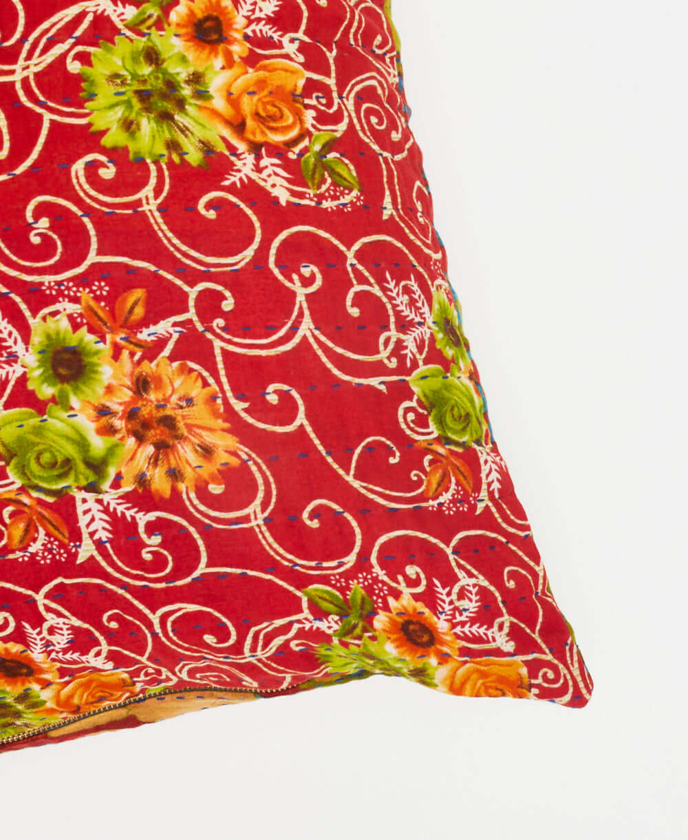 ethically made red throw pillow handmade in India from vintage cotton saris by Anchal