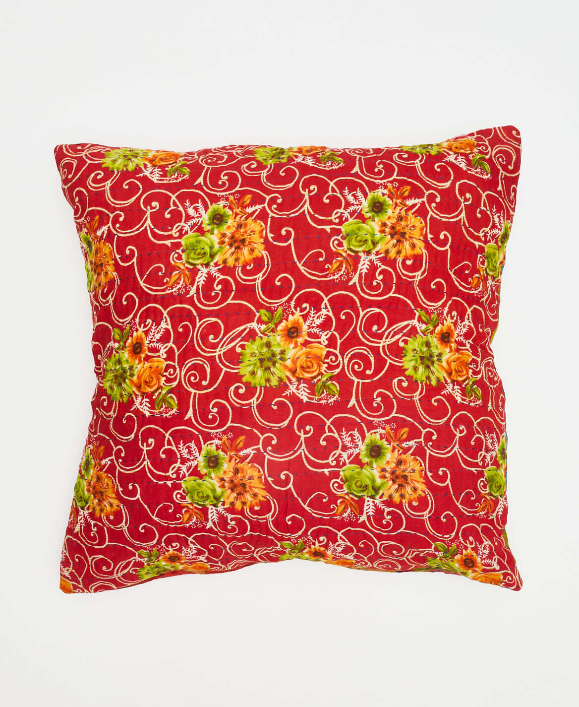 cherry red square pillow with mustard yellow & lime green flowers