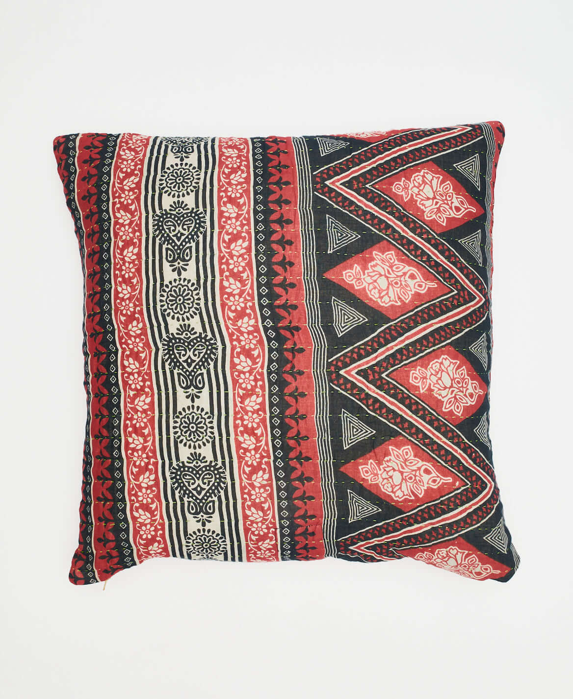 red, black & white geometric stripe patterned square pillow made from vintage cotton saris by women artisans in India