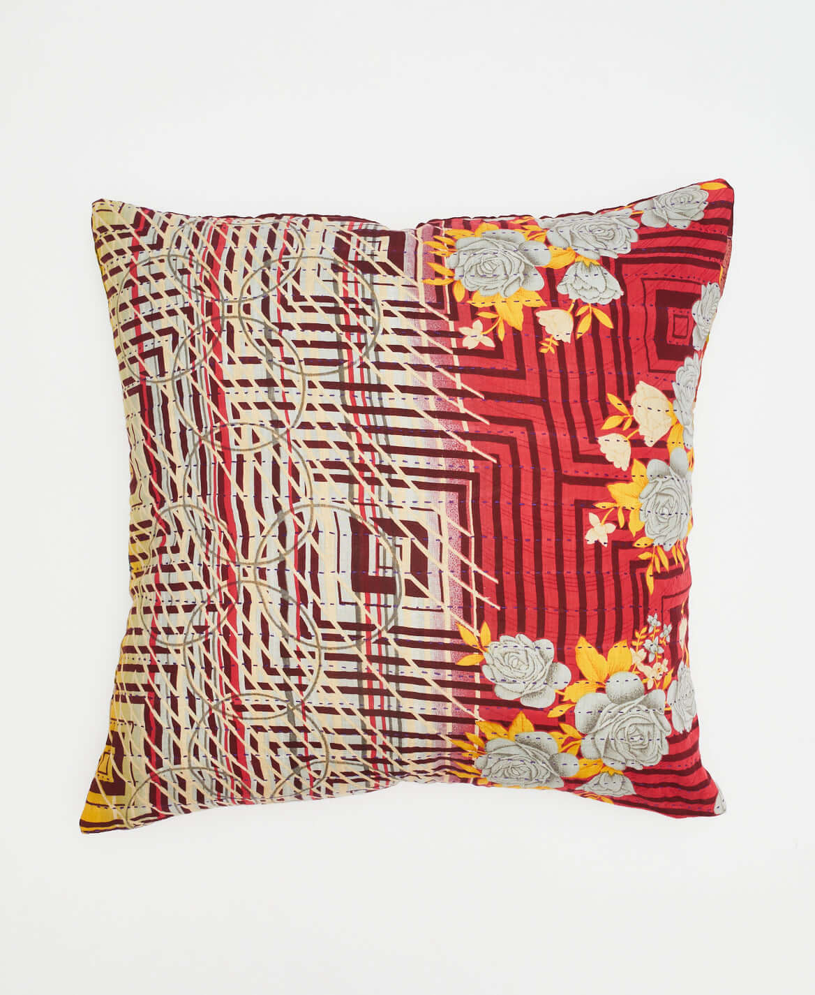 boho throw pillow in red square & circle patterned reversible