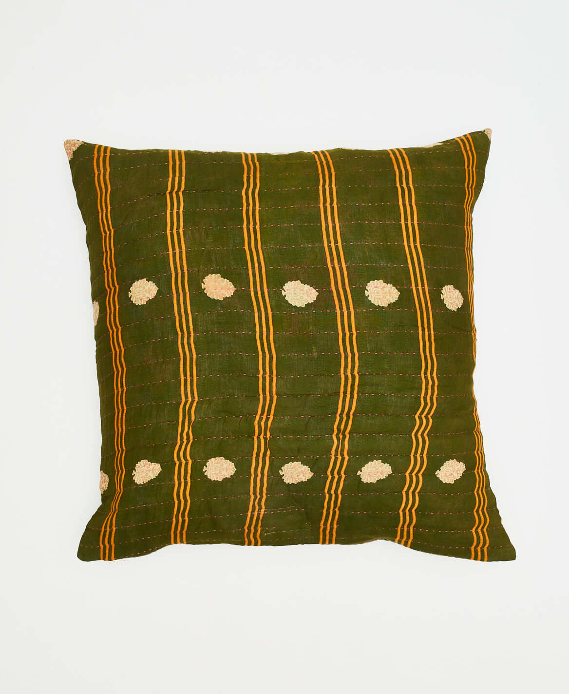 ethically made hunter green throw pillow with yellow-orange stripes that's reversible