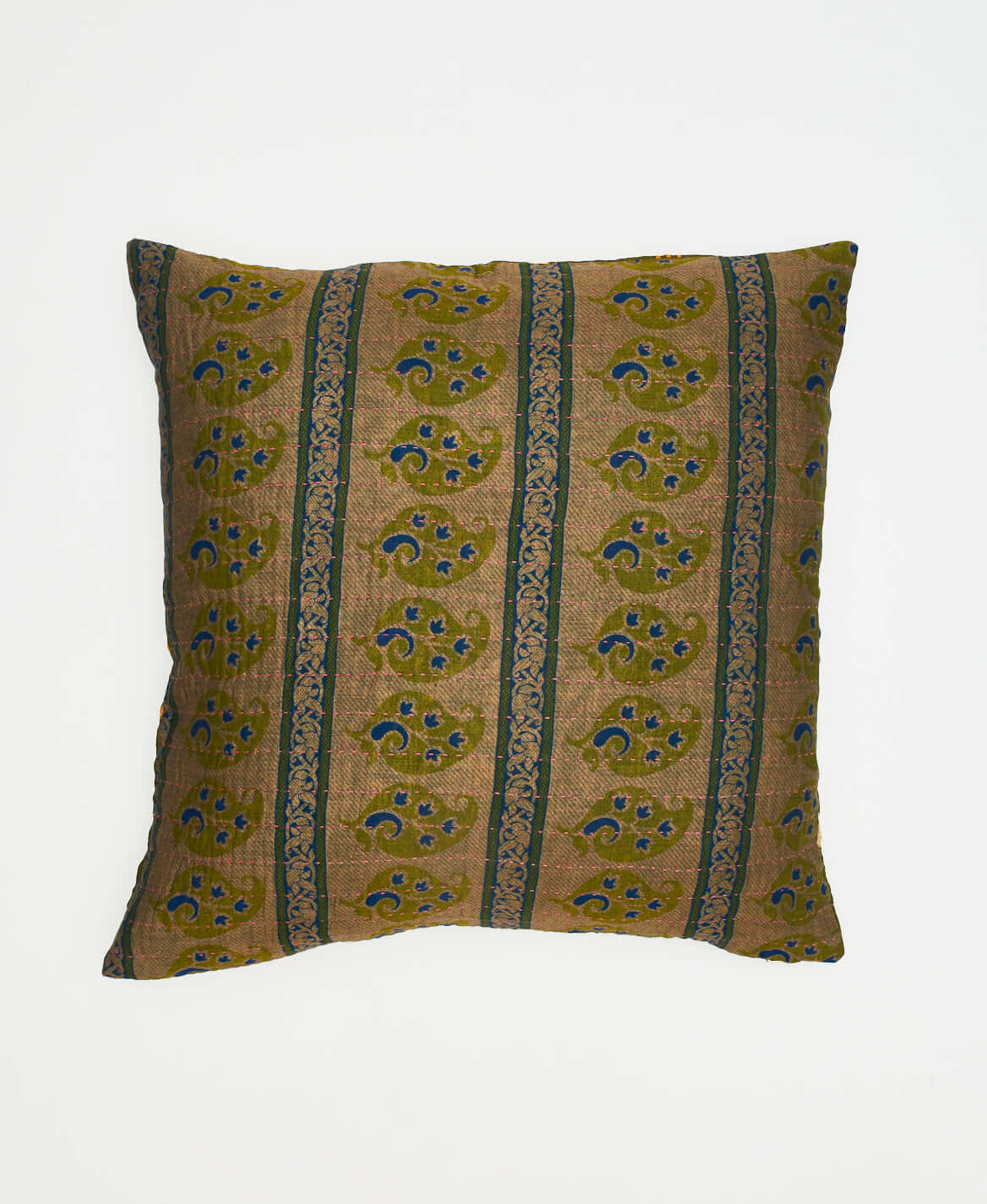 bronze square pillow with lime green & cobalt blue paisley