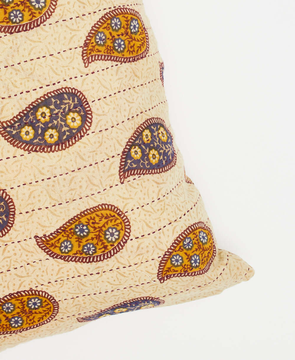 maroon kantha embroidered boho throw pillow handmade in India from vintage cotton saris by women artisans