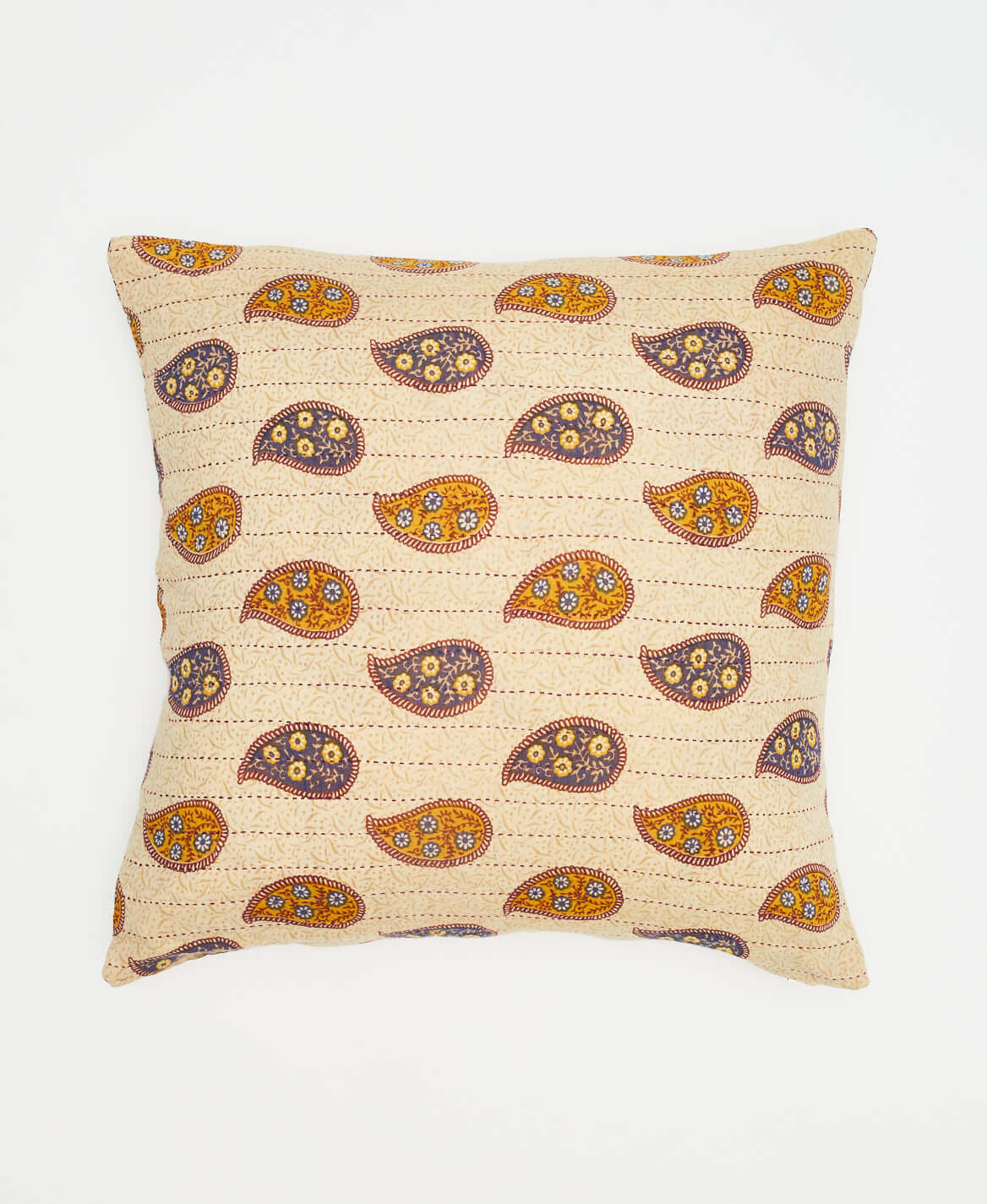 neutral throw pillow with purple & orange graphic paisley pattern with removable down feather insert by Anchal