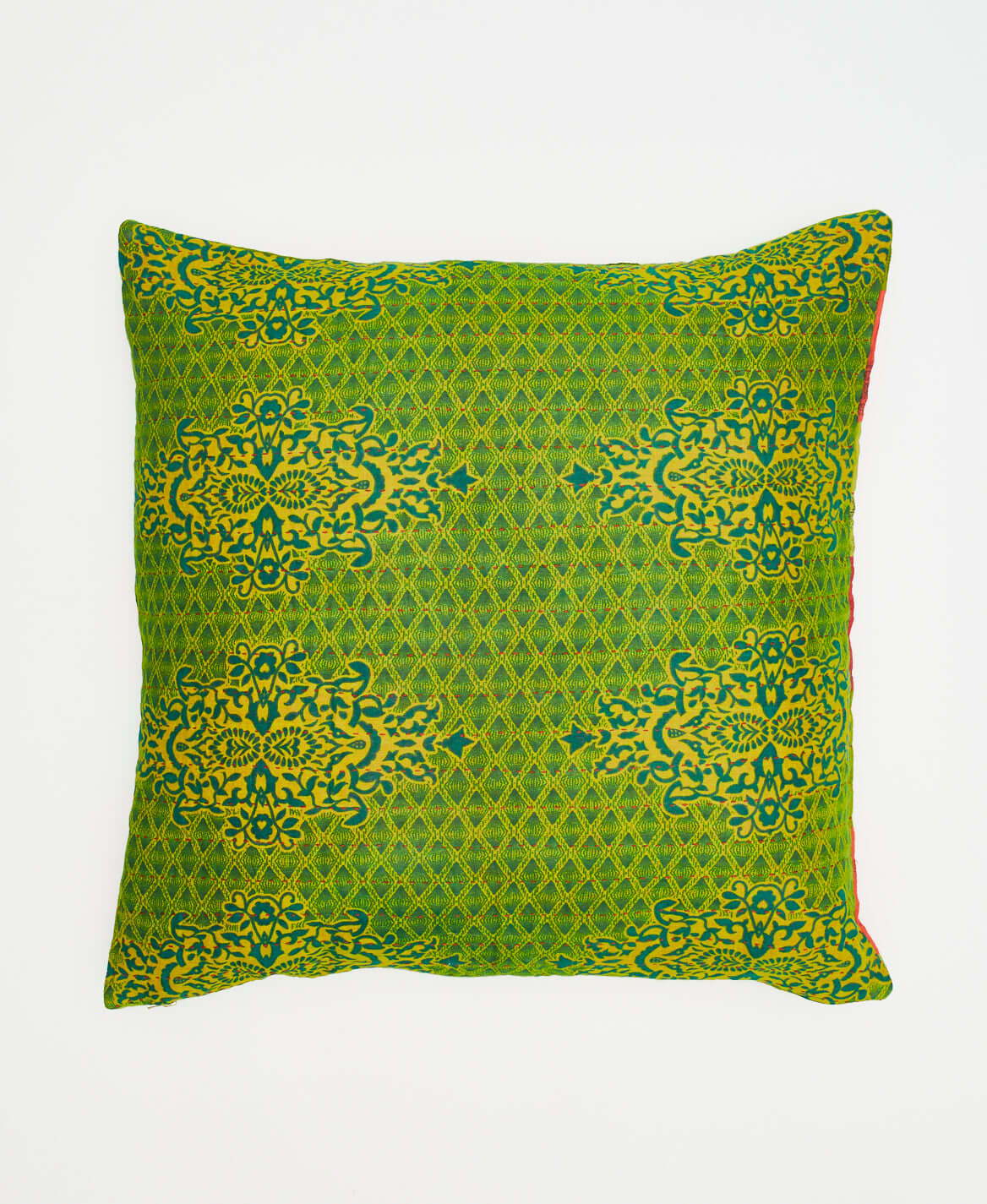 bold embroidered throw pillow in lime green & teal diamond patterned