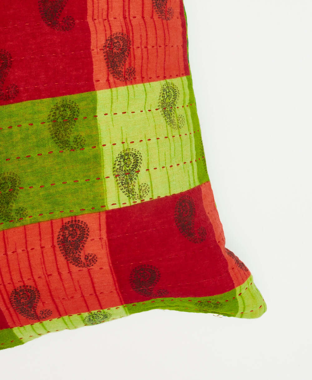 red kantha embroidered square pillow made from upcycled vintage cotton saris handmade with vintage cotton fabrics in India