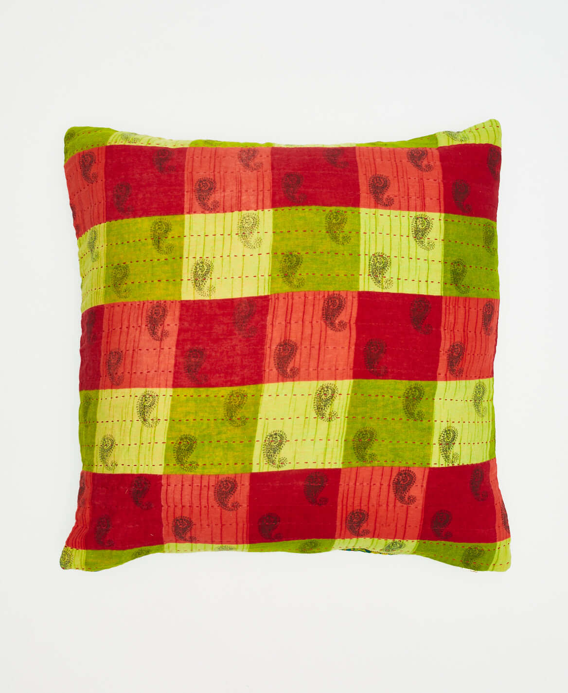 lime green & cherry red oversized gingham throw pillow with subtle paisley print