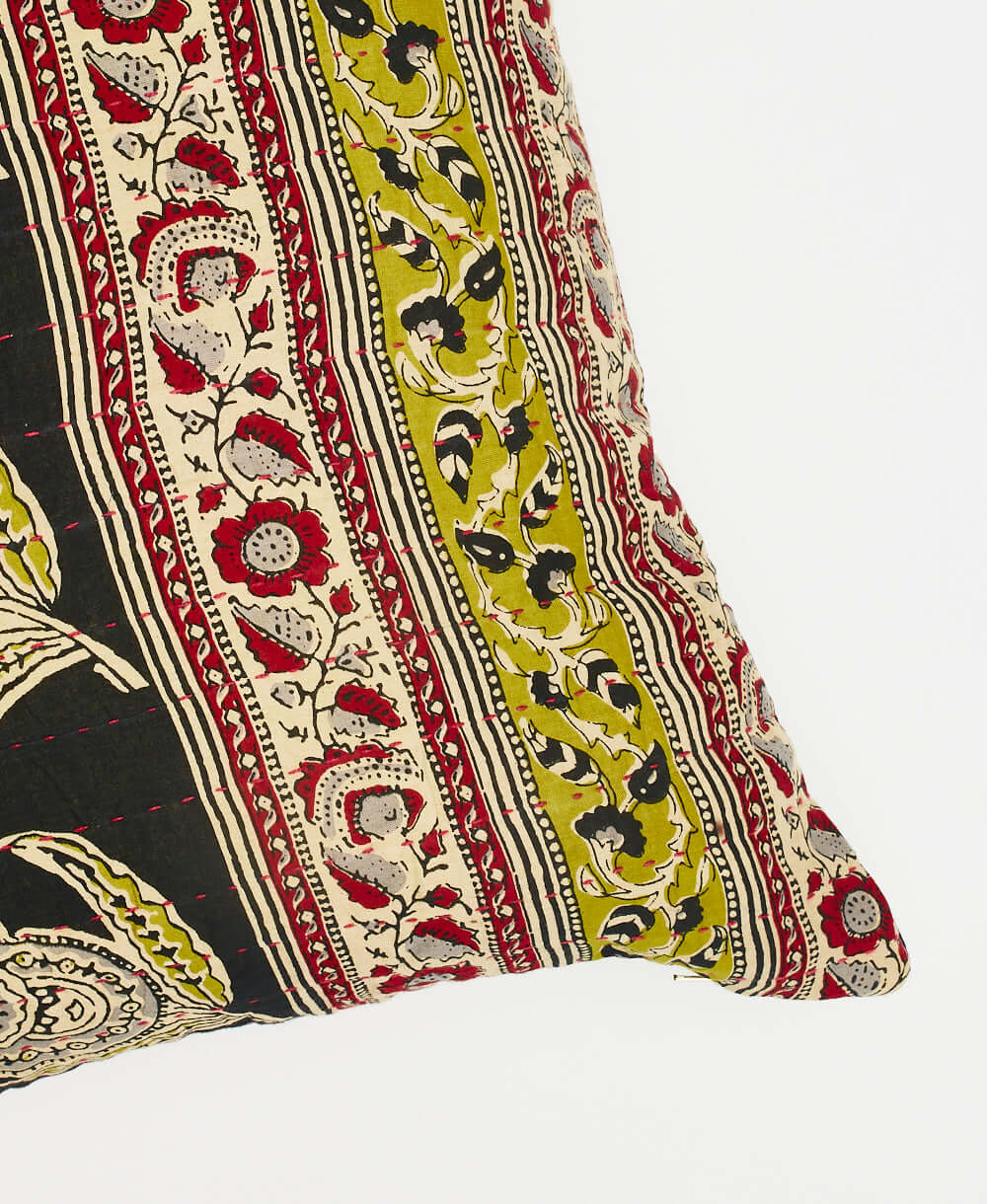 olive and red stripe patterned pillow with red kantha embroidery