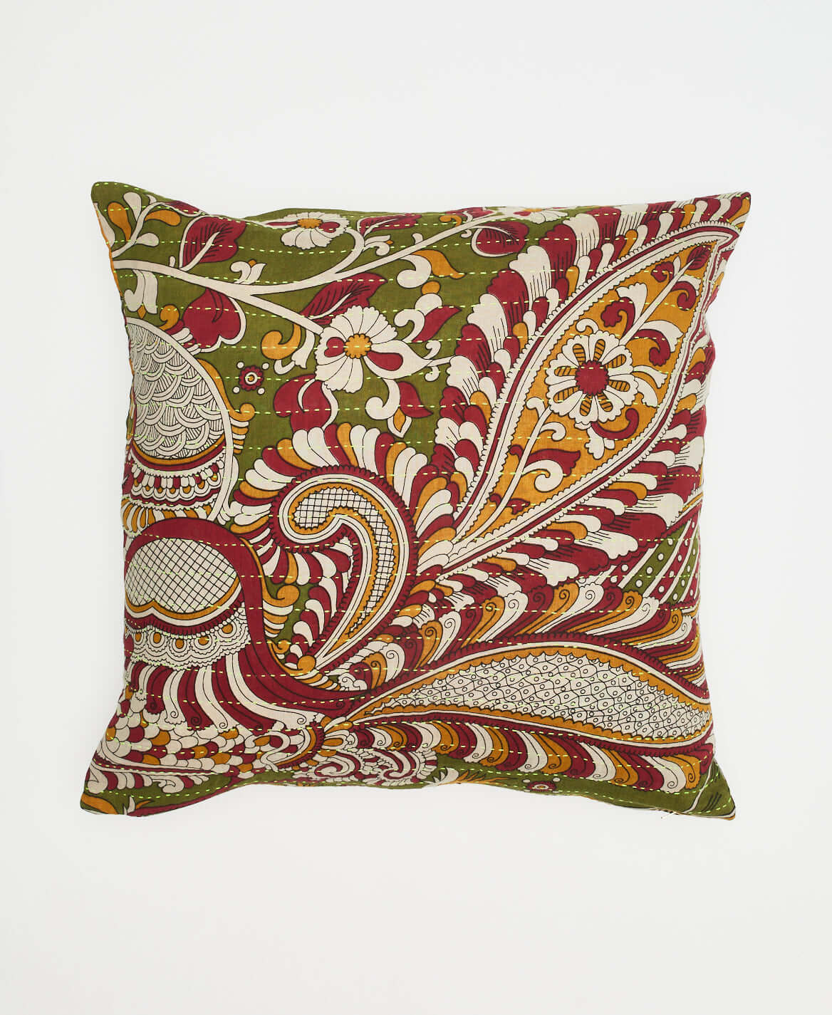 olive green, gold & maroon bold feather patterned square pillow with reversible patterns on each side