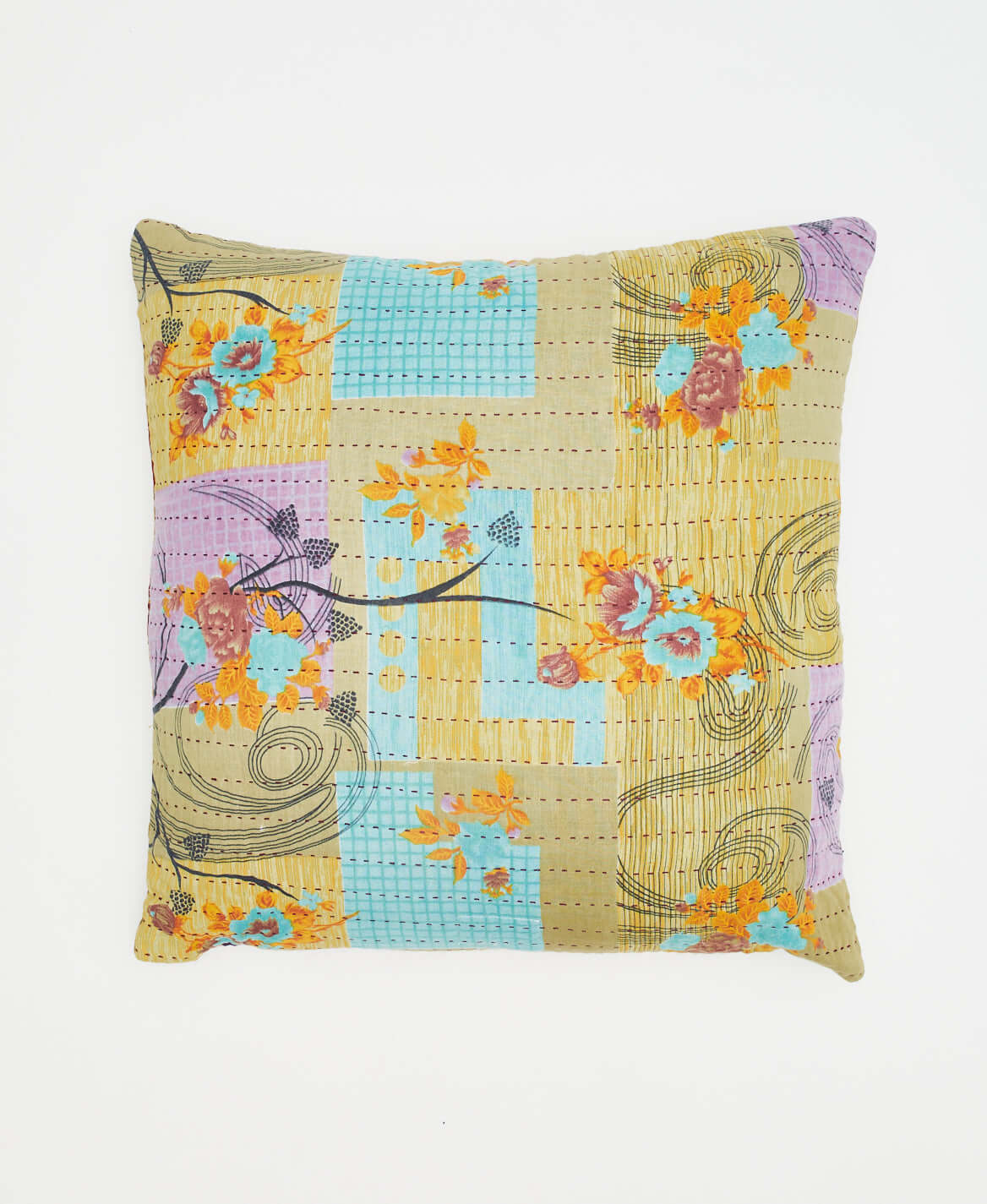 sage, lilac & sky blue geometric throw pillow made from eco-friendly vintage cotton fabrics