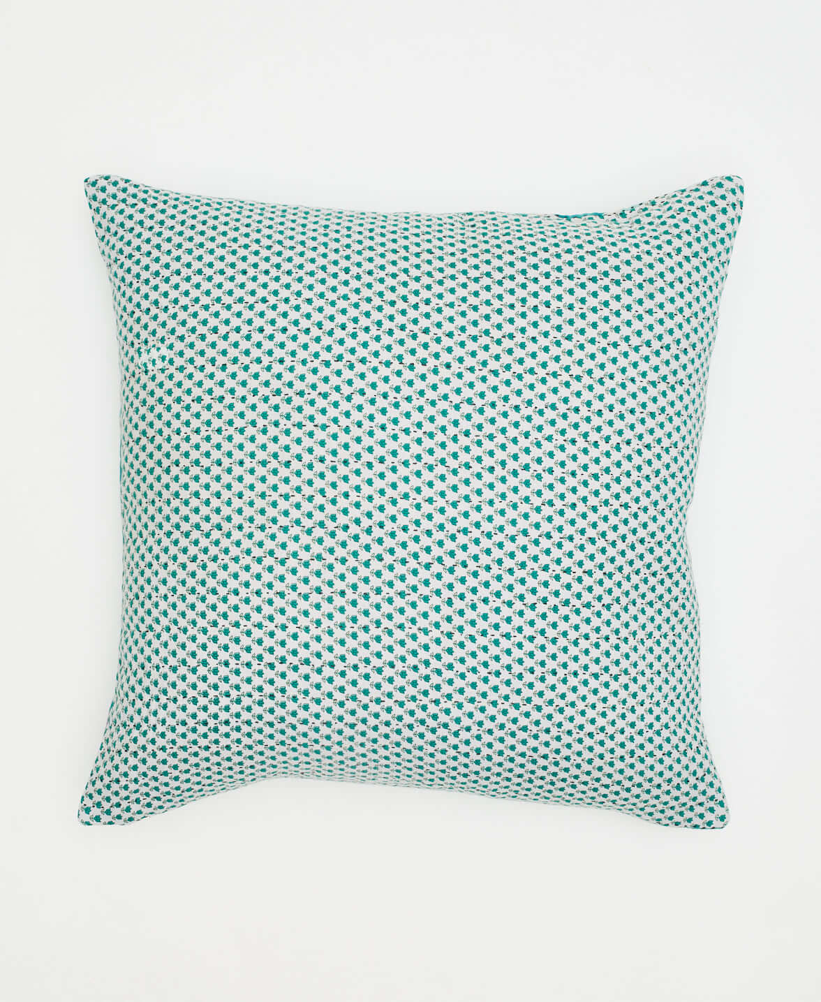 teal and natural white square pillow in dainty floral print handmade in India from eco-friendly vintage cotton fabrics