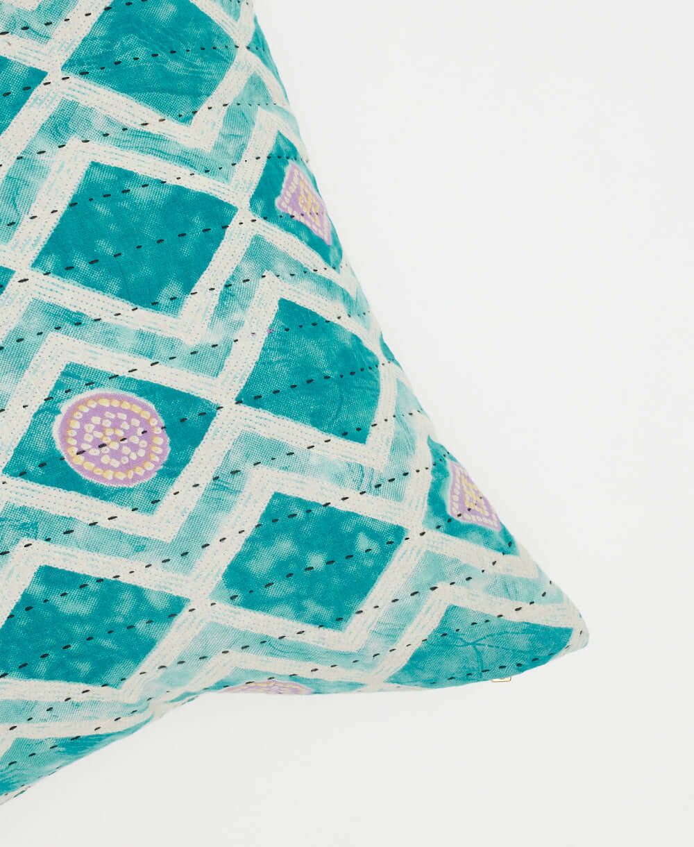 hand-embroidered boho throw pillow in one-of-a-kind aquamarine blue diamond print